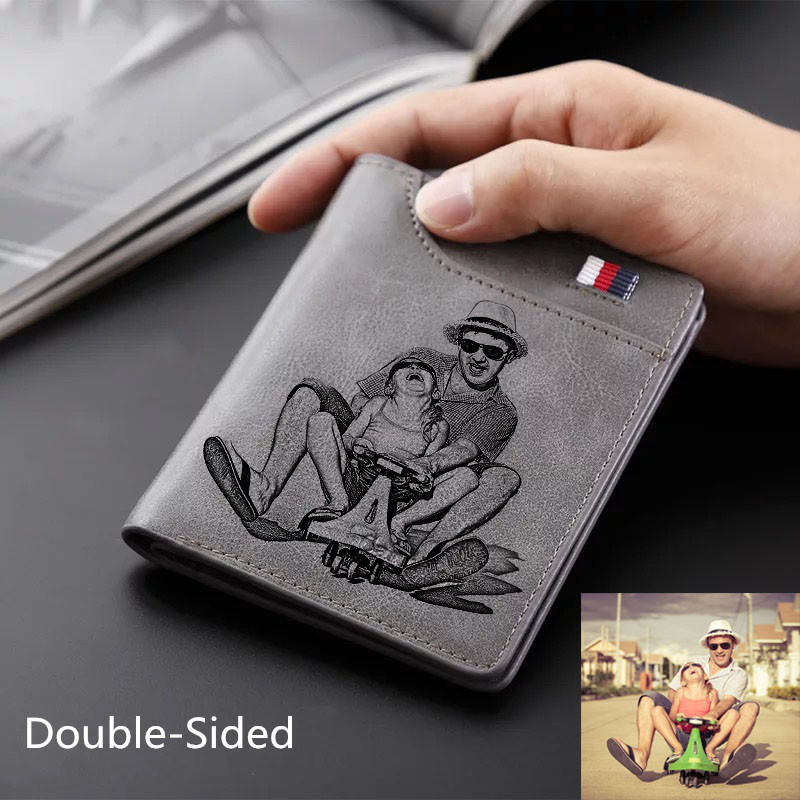 Personalized Double-Sided Photo Men's Gray Leather Wallet