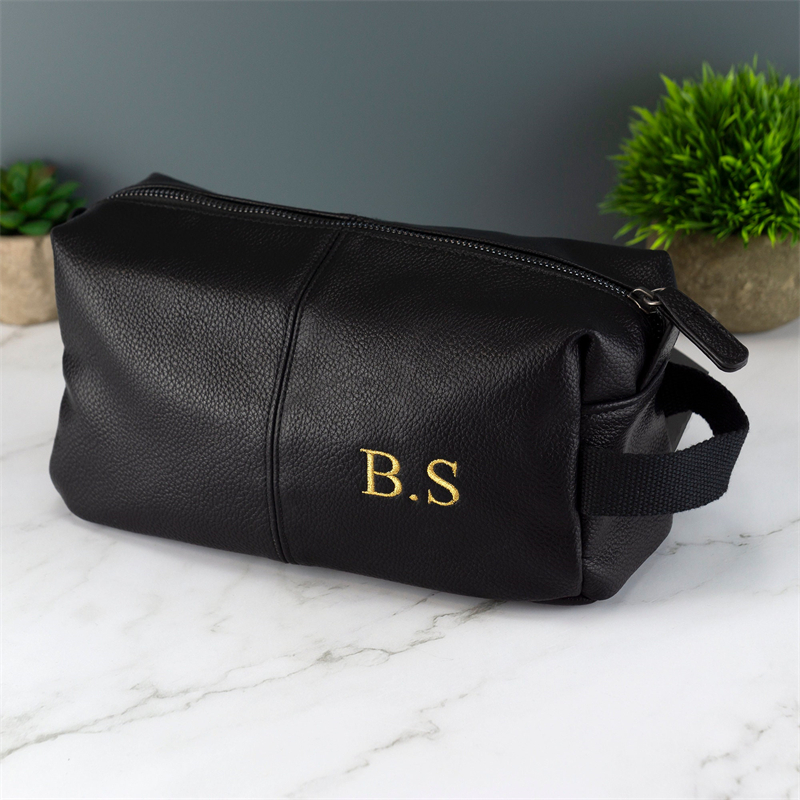 Personalised embroidered men's leather toiletry bag