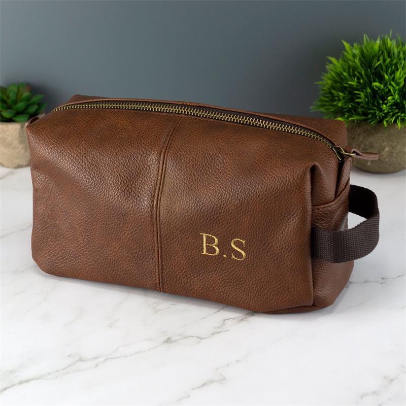 Personalised embroidered men's leather toiletry bag